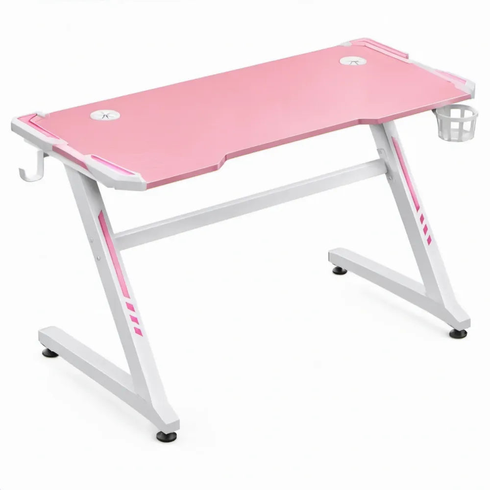Roze-wit gamingbureau met kabeldoorvoeren, bekerhouder en koptelefoonhaak, 120 x 60 x 75 cm