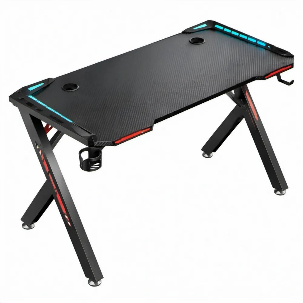 Gamingbureau 140 x 60 x 75 cm met MDF-blad en stalen frame – Zwart/Rood/Cyaan