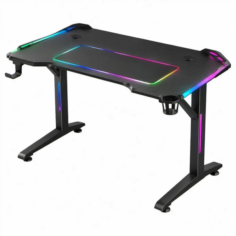 Zwart gamingbureau 140 x 60 x 75 cm met RGB-ledverlichting, MDF en staal