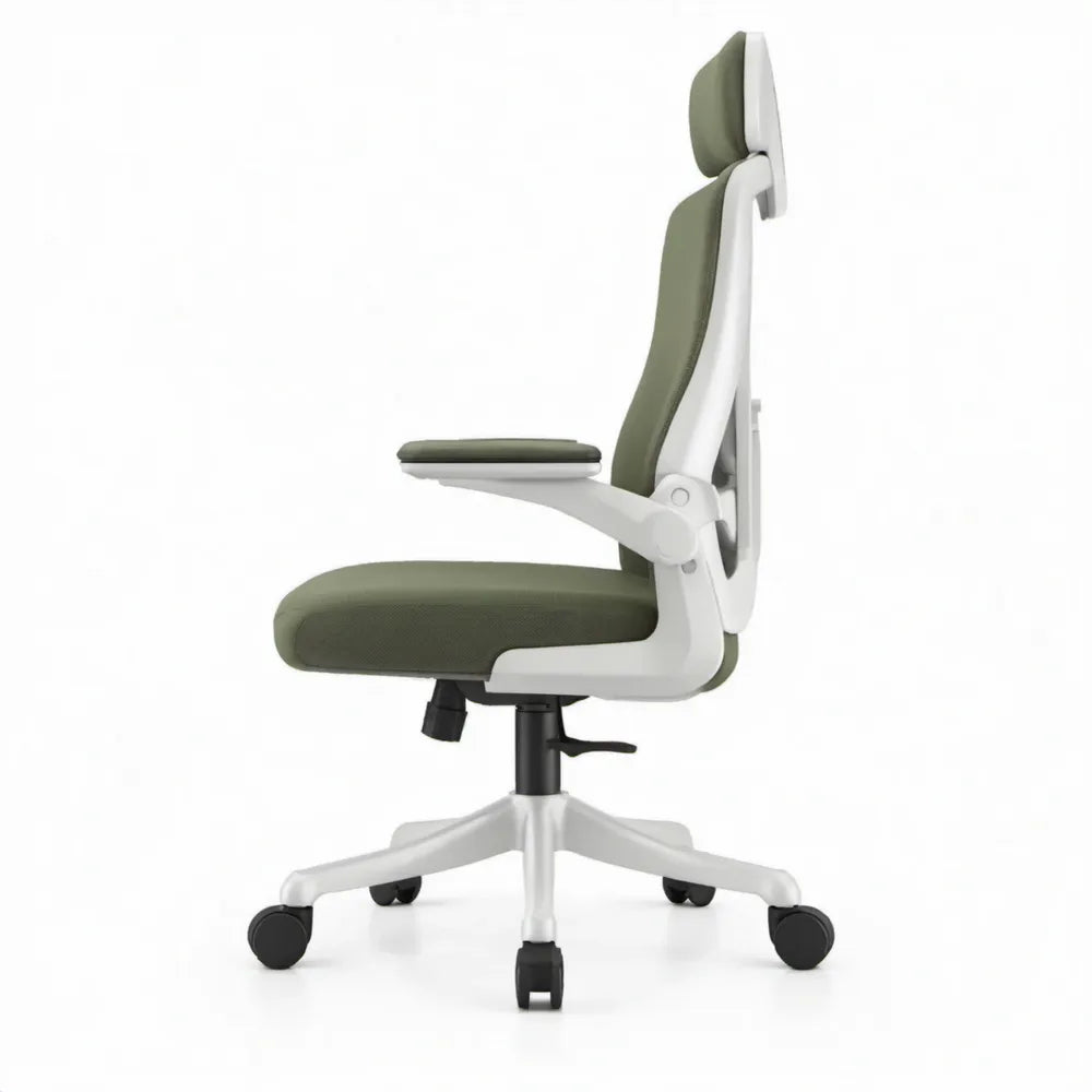 Ergonomische draaibare bureaustoel met verstelbare hoofdsteun en armleuningen, 66 x 66 x 120-130 cm, olijfgroen/wit/zwart