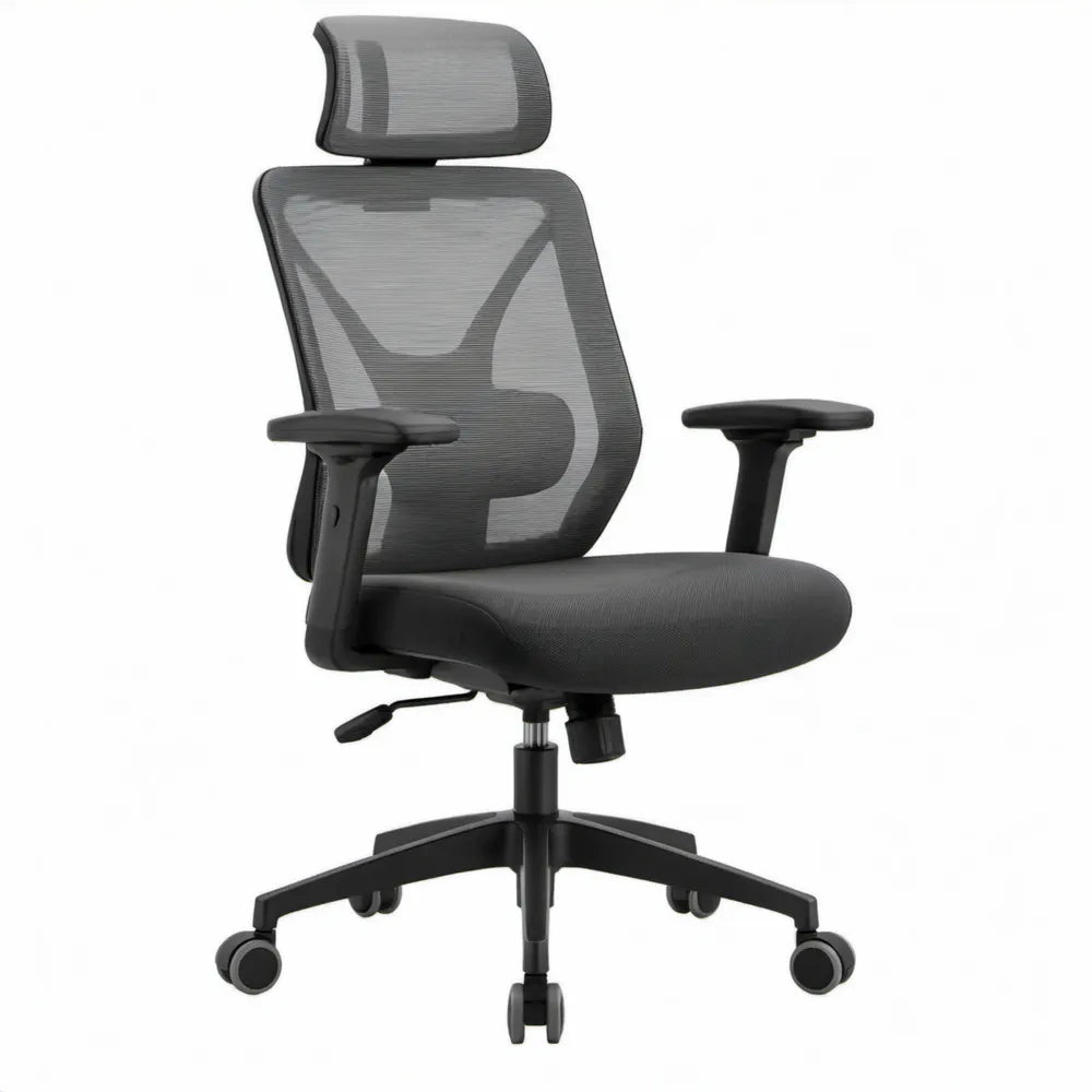Ergonomische draaibare bureaustoel met verstelbare hoofdsteun en lendensteun, zwart, 64 x 64 x 114-124 cm