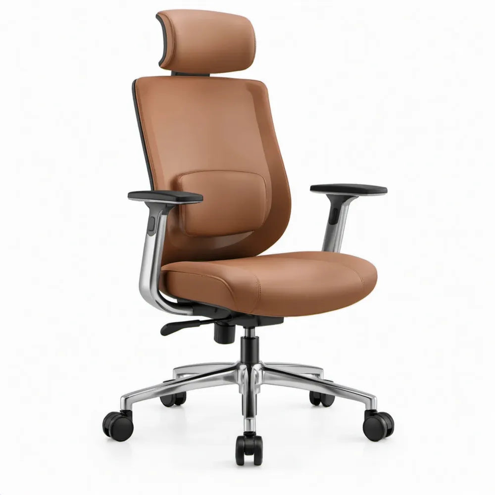 Ergonomische bureaustoel met verstelbare hoofdsteun en lendensteun, bruin/zwart/zilverkleurig, 66 x 66 x 118-128 cm