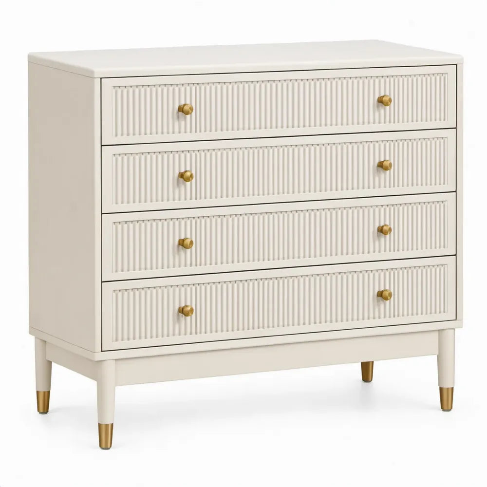 Ladekast met 4 laden, 90 x 45 x 95 cm, gebroken wit met goudkleurige details, MDF en rubberhout