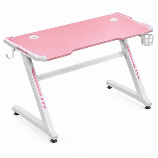 Roze-wit gamingbureau met kabeldoorvoeren, bekerhouder en koptelefoonhaak, 120 x 60 x 75 cm