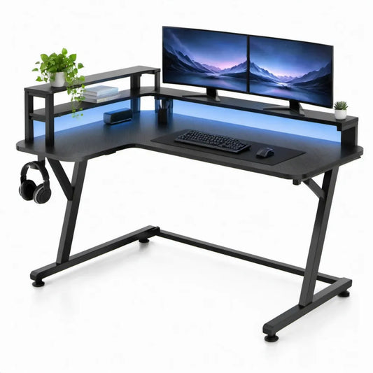 L-vormig gamingbureau met monitorverhoger en blauwe ledverlichting, zwart, 140 x 60 x 88 cm