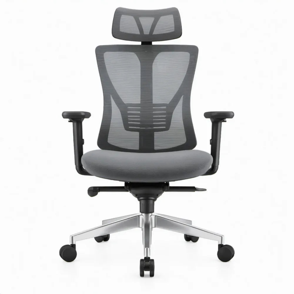 Ergonomische bureaustoel met verstelbare hoofdsteun en armleuningen, zwart/grijs, 64 x 64 x 118-128 cm