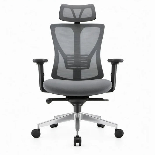 Ergonomische bureaustoel met verstelbare hoofdsteun en armleuningen, zwart/grijs, 64 x 64 x 118-128 cm