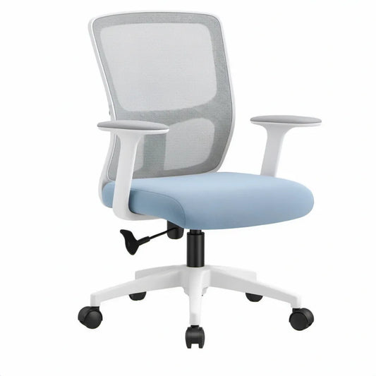 Ergonomische bureaustoel met armleuningen en wieltjes, lichtblauw/wit/zwart, 60 x 60 x 90-100 cm