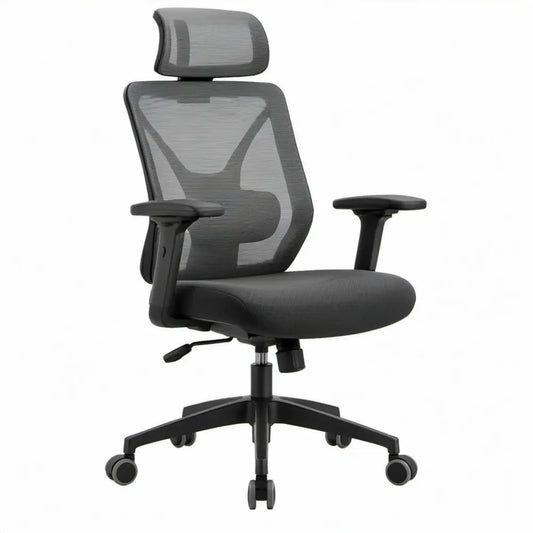 Ergonomische draaibare bureaustoel met verstelbare hoofdsteun en lendensteun, zwart, 64 x 64 x 114-124 cm