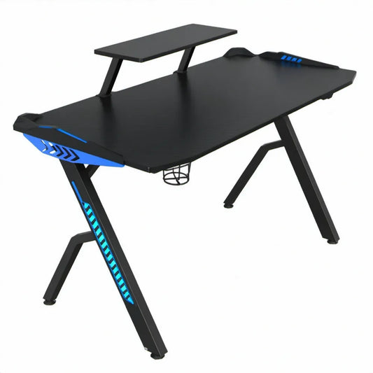 Gamingbureau 120 x 60 x 75 cm met verhoogd monitorplatform, zwart/blauw