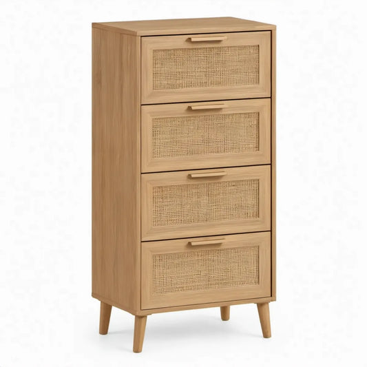 Ladekast met 4 lades, rotan fronten en houten poten, 60 x 40 x 120 cm, naturel eiken/beige