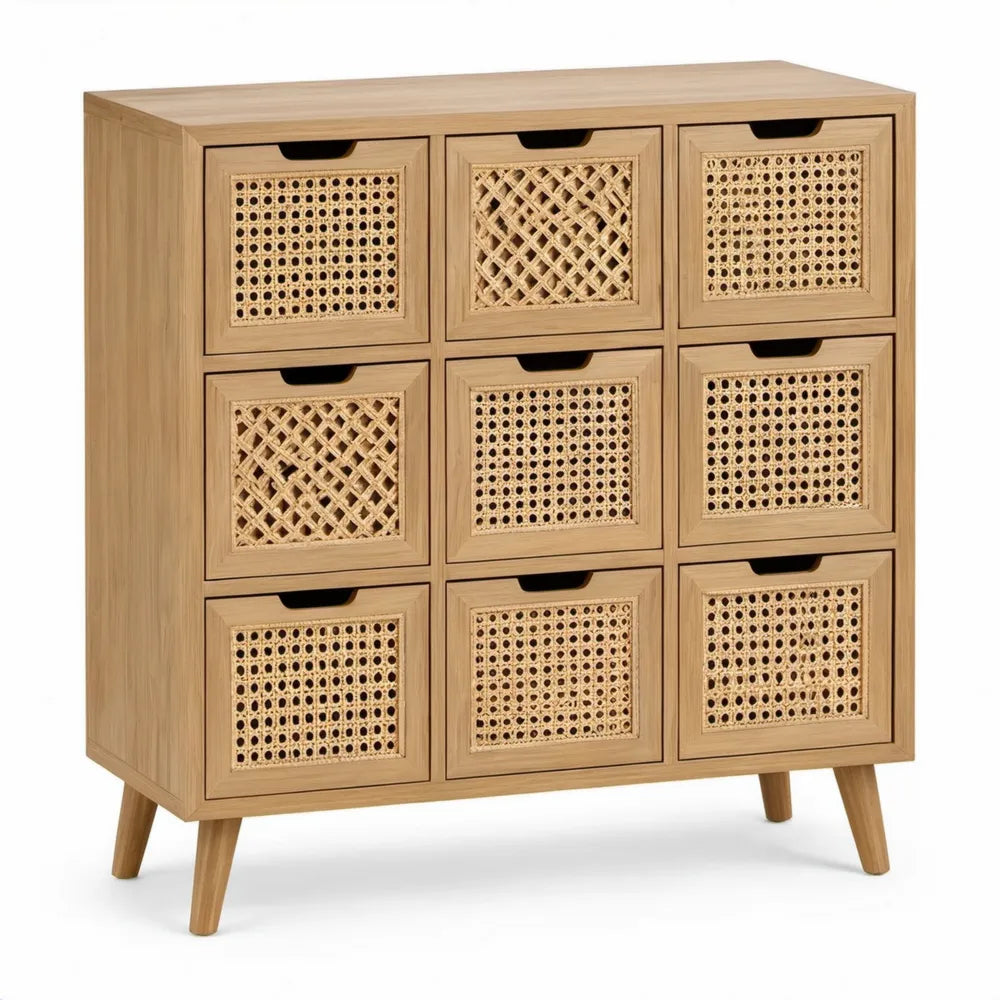 Bamboe ladekast met 9 lades en rotanpanelen, 80 x 35 x 90 cm, naturel