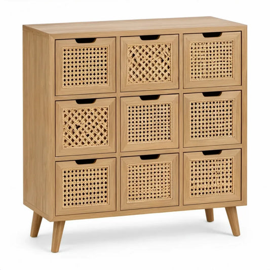 Bamboe ladekast met 9 lades en rotanpanelen, 80 x 35 x 90 cm, naturel