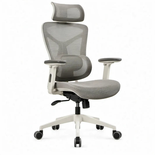Ergonomische bureaustoel met verstelbare hoofdsteun en armleuningen, grijs/wit/zwart, 66 x 66 x 118-128 cm