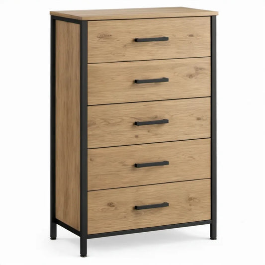 Ladekast met 5 lades – 80 x 40 x 120 cm – Eikenkleurig/Zwart – MDF en staal