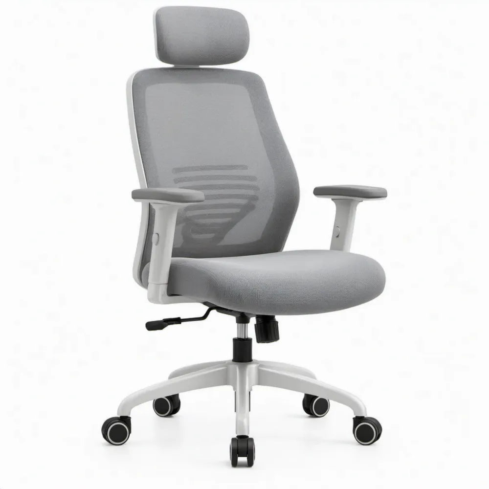Ergonomische bureaustoel met hoofdsteun en verstelbare armleuningen, grijs/wit, 64 x 64 x 116-126 cm