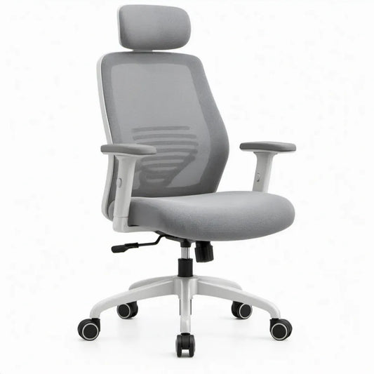 Ergonomische bureaustoel met hoofdsteun en verstelbare armleuningen, grijs/wit, 64 x 64 x 116-126 cm