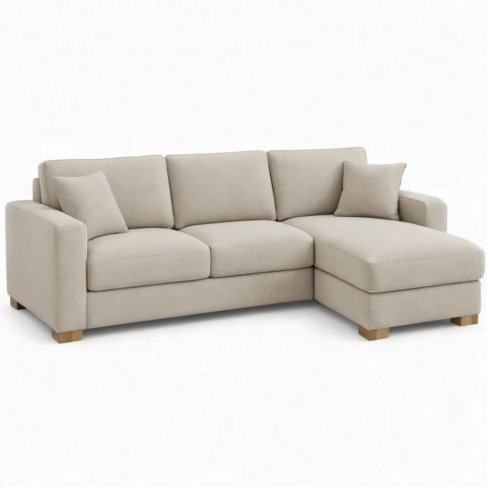 Beige 3-zitsbank met chaise longue, 230 x 150 x 85 cm