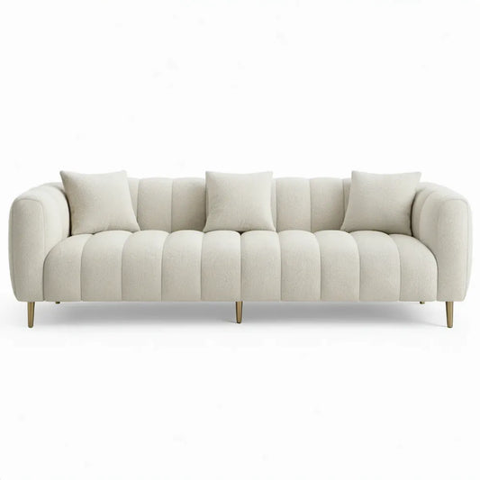 Gebogen 3-zitsbank van bouclé in crème, 230 x 95 x 75 cm, met goudkleurige metalen poten