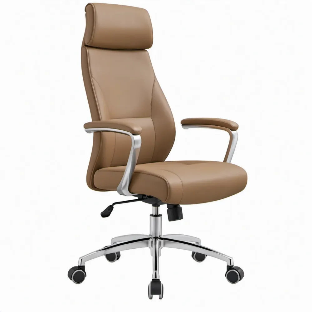 Ergonomische bureaustoel met hoofdsteun, kunstleren bekleding en armleuningen, bruin, 65 x 65 x 118-128 cm