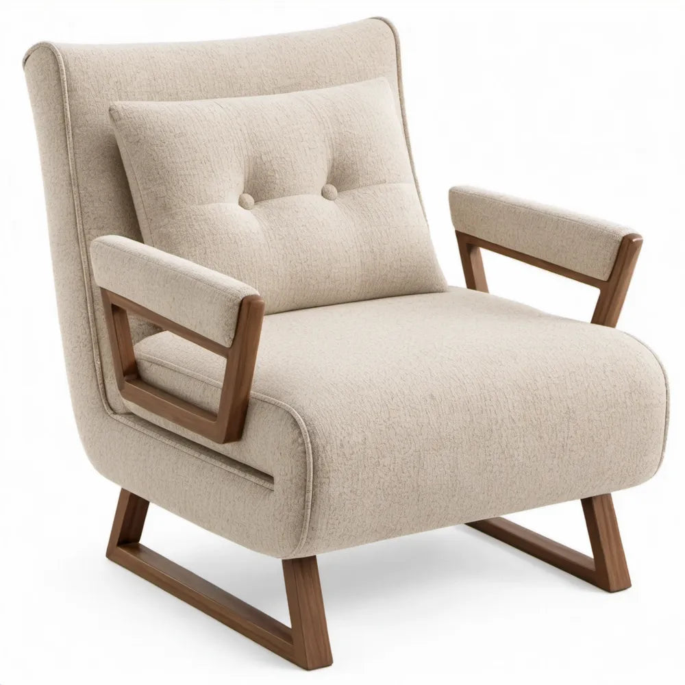 Beige fauteuil met hoge rugleuning en houten frame, 78 x 86 x 100 cm