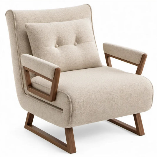 Beige fauteuil met hoge rugleuning en houten frame, 78 x 86 x 100 cm