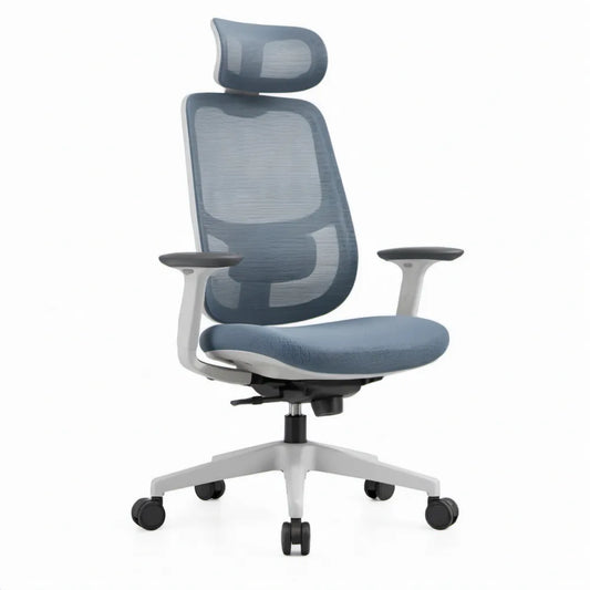 Ergonomische bureaustoel met hoge rugleuning en hoofdsteun, 65 x 65 x 118-128 cm, blauw, lichtgrijs en zwart