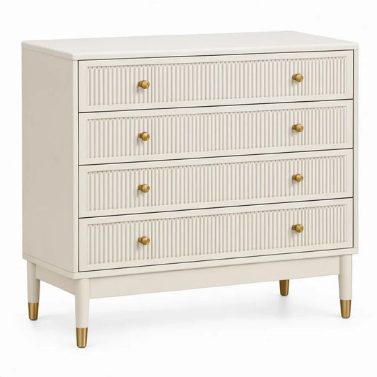 Ladekast met 4 laden, 90 x 45 x 95 cm, gebroken wit met goudkleurige details, MDF en rubberhout