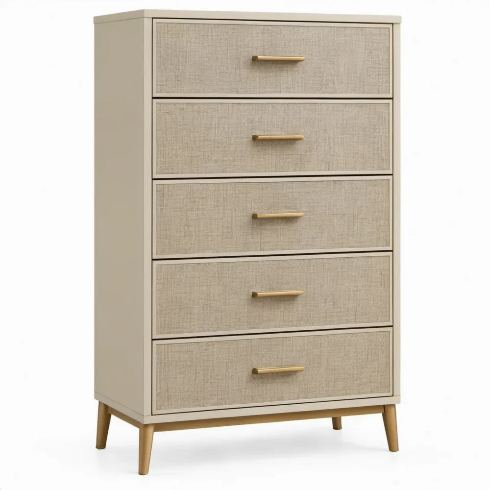 Beige ladekast met 5 lades, naturel houten poten en grepen, 80 x 40 x 120 cm