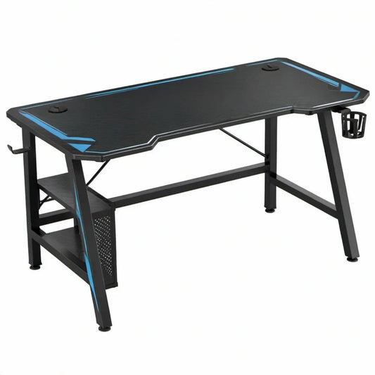 Gamebureau 120 x 60 x 75 cm Zwart/Blauw met kabeldoorvoeren, bekerhouder en koptelefoonhaak