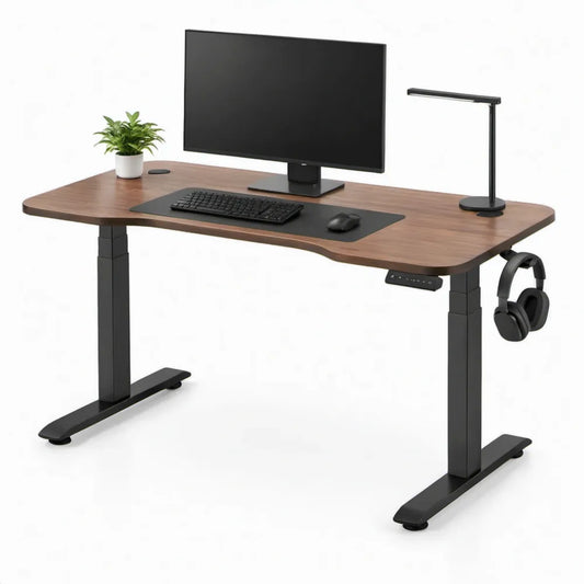 Elektrisch in hoogte verstelbaar bureau 160 x 80 cm, walnootbruin/zwart, met kabeldoorvoer en hoofdtelefoonhouder