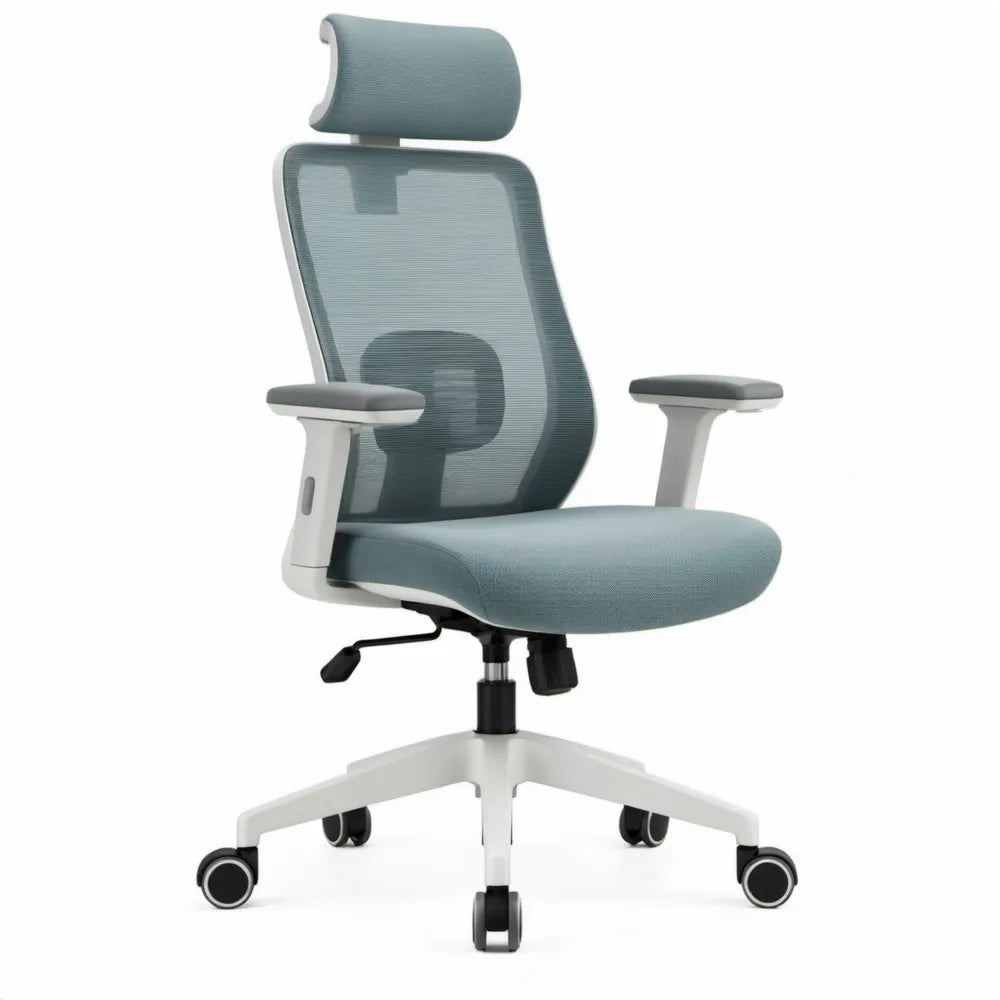 Ergonomische bureaustoel grijsblauw met hoofdsteun en lendensteun, 66 x 66 x 118-128 cm