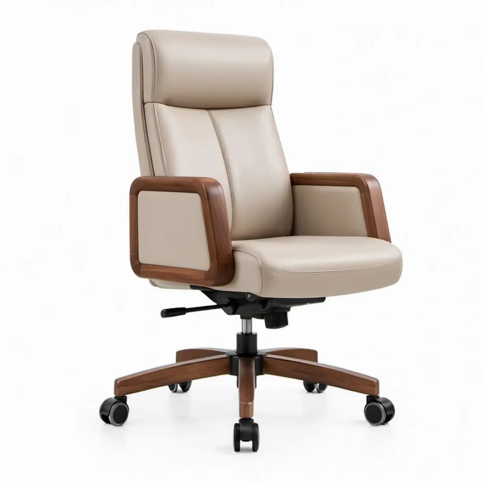 Beige en bruine draaistoel met hoge rugleuning, 65 x 70 x 118-128 cm